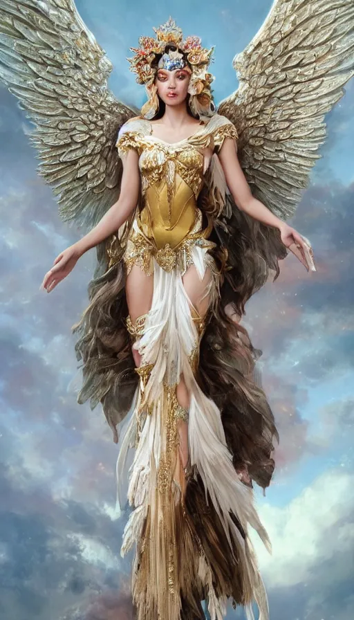 Image similar to expressive full body photo of sophia lauren as beautiful angel, smooth glowing skin, ornate headpiece made from flowers, ornaments, glamour shot, by karol bak, by greg rutkowski, by artgerm, octane render, unreal engine, photorealistic, canon r 3, fashion photography