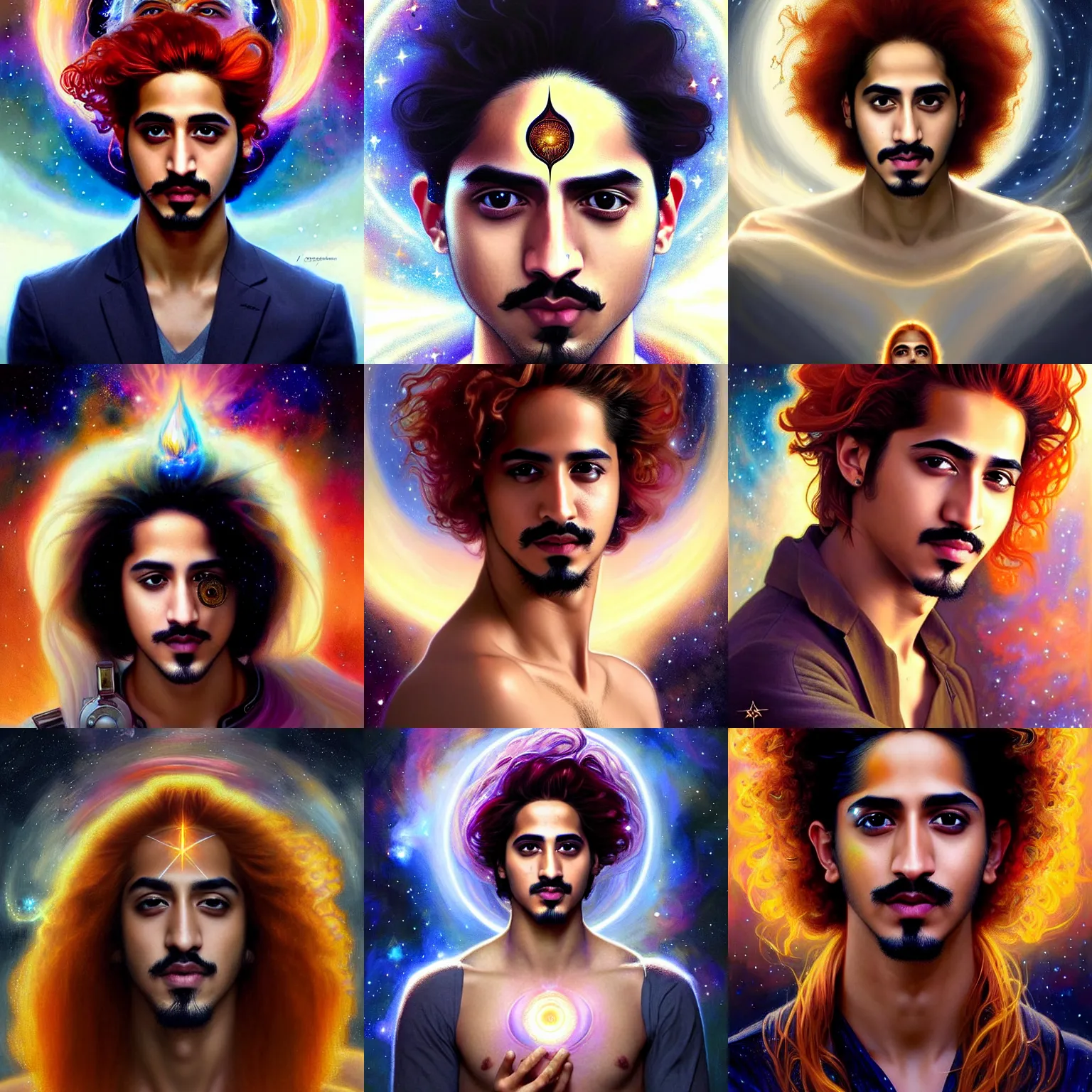 Prompt: portrait of a beautiful fire haired avan jogia with open third eye spiritual art, third eye, handsome sci - fi face, space background, breathtaking stars, elegant, highly detailed, digital painting, artstation, concept art, smooth, sharp focus, illustration, art by artgerm and greg rutkowski and alphonse mucha