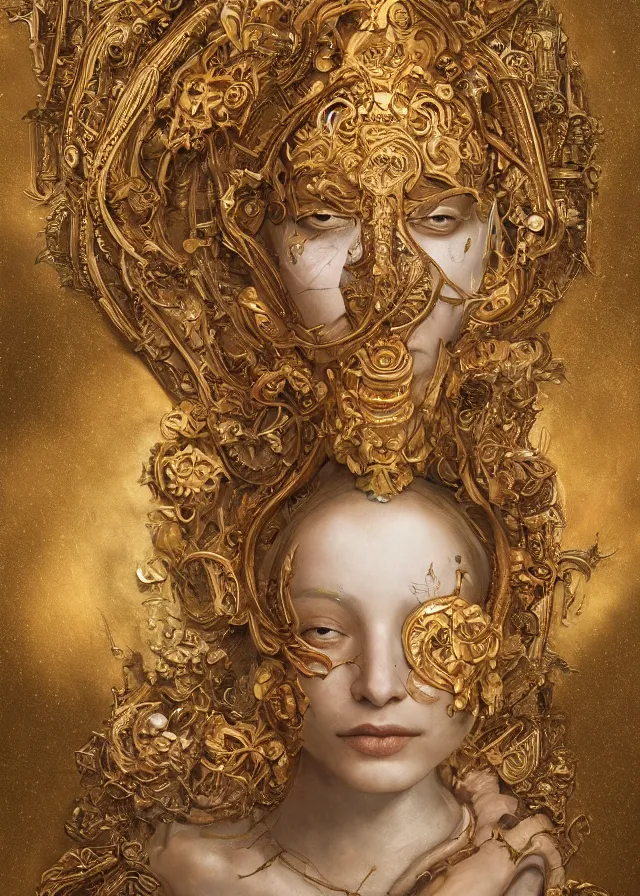 Prompt: human portrait, face, wearing a carved mineral mask with tiny mineral and gold incrustations, godness, ethereal, elements, golden ratio, baroque, rococo, white + orange + ink + tarot card with ornate by marc simonetti, peter mohrbacher, detailed, intricate illustration, octane render, fractal bacground, mechanical