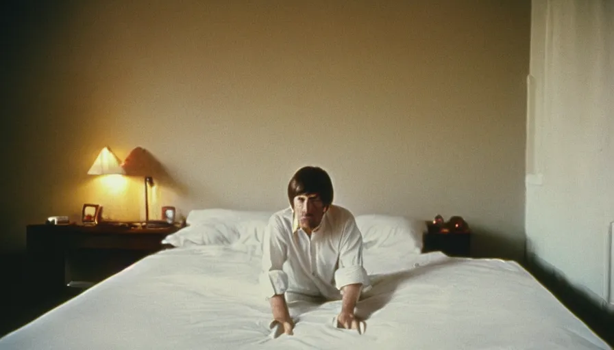 Prompt: 1 9 7 0 s movie still of the marc aurele hysteric on his bed in a antic palace, cinestill 8 0 0 t 3 5 mm, high quality, heavy grain, high detail, cinematic composition, dramatic light, anamorphic, ultra wide lens, hyperrealistic