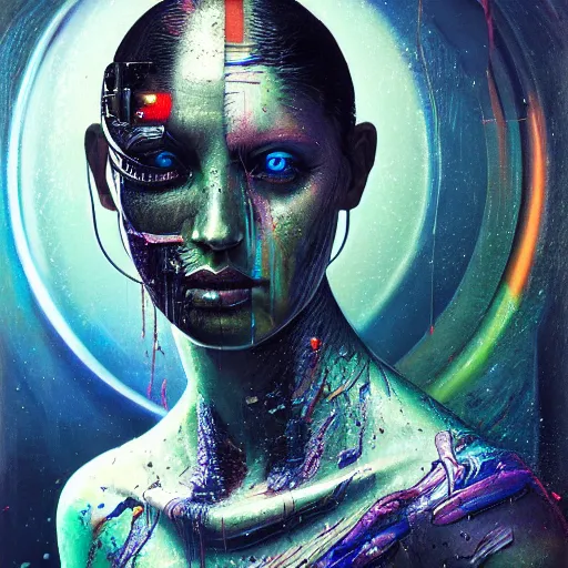 Prompt: portrait of an Android, melting ,8k,by tristan eaton,Stanley Artgermm,Tom Bagshaw,Greg Rutkowski,Carne Griffiths, Ayami Kojima, Beksinski, Giger,trending on DeviantArt,face enhance,hyper detailed,minimalist,cybernetic, android, blade runner,full of colour