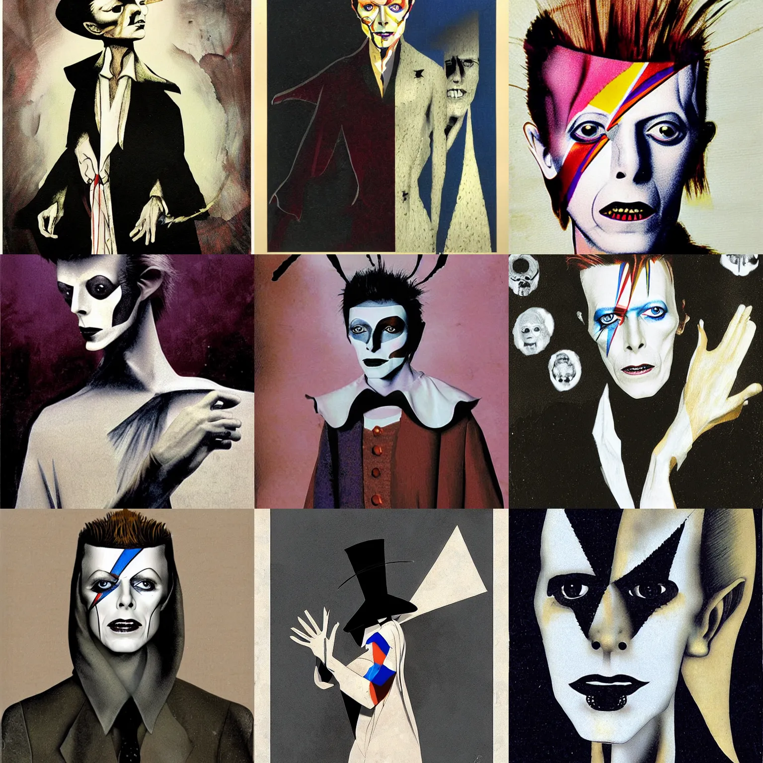 Prompt: david bowie as a pierrot, by dave mckean