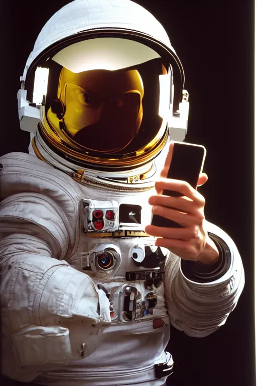 Image similar to extremely detailed studio portrait of space astronaut taking a selfie, holds a smart phone in one hand, phone!! held up to visor, reflection of phone in visor, moon, extreme close shot, soft light, golden glow, award winning photo by herb ritts