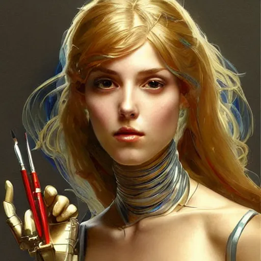 Prompt: female robot, chrome, holding paintbrush, incredibly detailed face, pretty face, true anatomy, art by artgerm and greg rutkowski and alphonse mucha