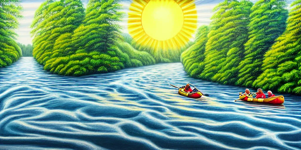 Image similar to A very detailed painting in the style of featuring a river in Europe surrounded by trees and fields. A rubber dinghy is slowly moving through the water. Sun is shining, photorealistic digital art