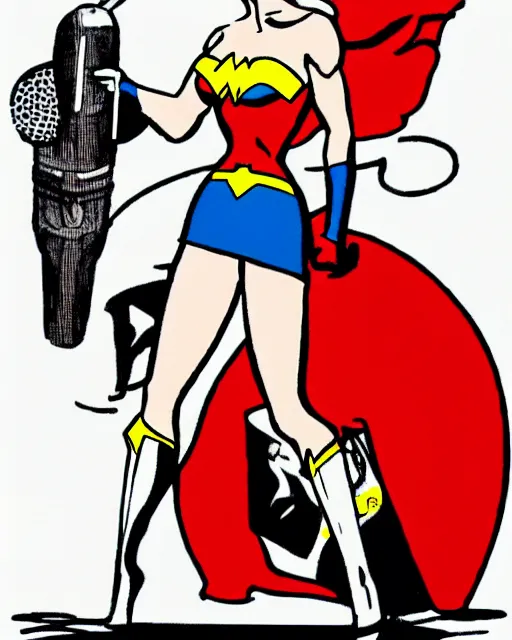 Prompt: taylor swift as wonder woman with a microphone in her hand as her weapon drawn in a 1 9 5 0 s cartoon on a saturday morning style, hugh quality, very well proportioned silhouette