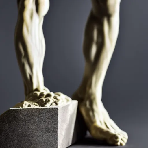 Prompt: stunning close up photograph of marble sculpture of strong masculine man's legs made of marble. Sculpture is on top of fine gold base, masculine texture background, 40mm lens, shallow depth of field, split lighting