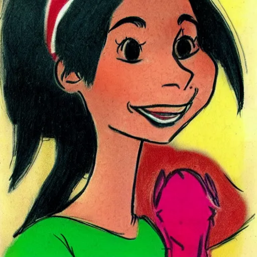 Image similar to milt kahl sketch of black hair cuban girl with dog nose