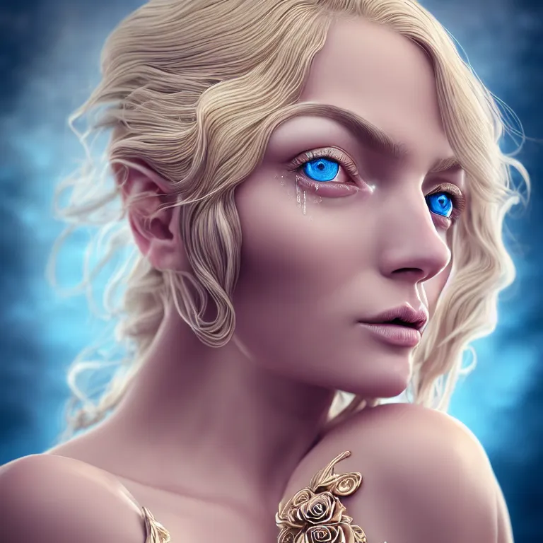 Prompt: neoclassical hyperrealistic 5 0 mm hasselblad portrait of a blonde liquid goddess who is crying high detail blue eyes woman with a beautiful body dressed with a majestic semi transparent silk cream roses long dress, ornate, intricate, detailed, dramatic light, award winning, artstation, octane render, meredit frampton style