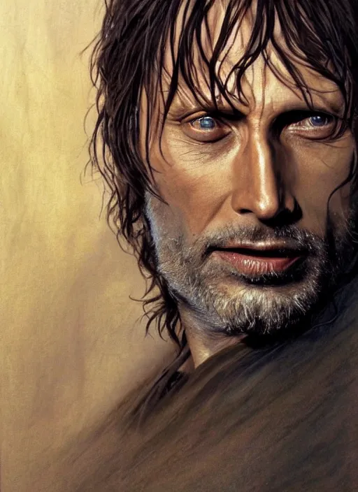 Image similar to Mads Mikkelsen as Aragorn by Alan Lee, golden hour, concept art, detailed clothing, art station, oil painting