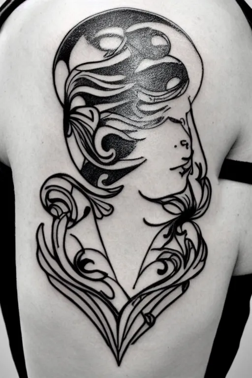 Prompt: mirrored delicate minimalist art nouveau shoulder tattoo, clean lines, in the style of art deco
