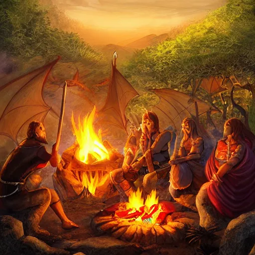 Image similar to dragons roasting kebabs near campfire, fire, magic, power metal album cover, fantasy epic legends game icon stylized digital illustration radiating a glowing aura global illumination ray tracing hdr fanart arstation by ian pesty and katarzyna da „ bek - chmiel