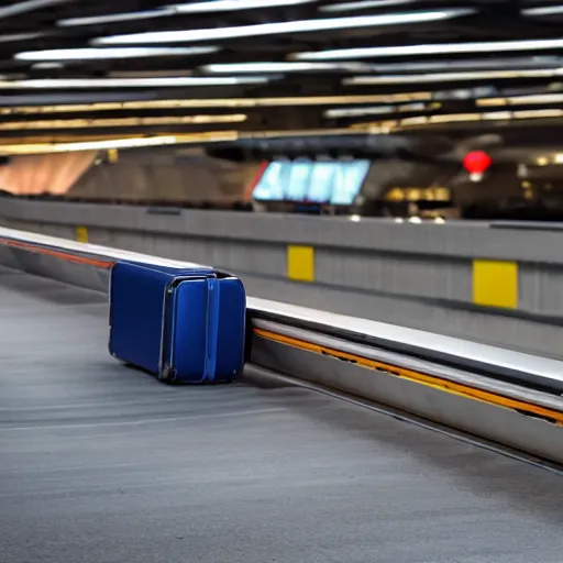 Prompt: a suitcase on an airport industrial conveyor belt, moving on its way to a plane