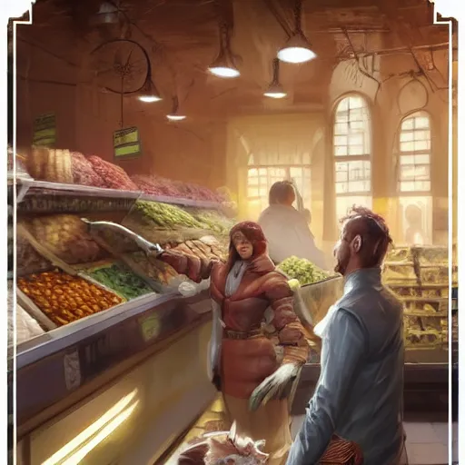 Prompt: digital painting of a super market grocery shopping elegant but deadly anthropomorphic cats with snake featured hybrid, by Greg Rutkowski, magic the gathering concept art, trending on artstation, 4k resolution, ((in a super market Costco))