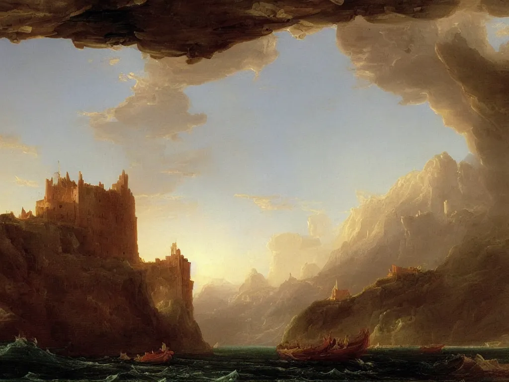 Image similar to a landscape painting of a castle on the ship, by Thomas Cole