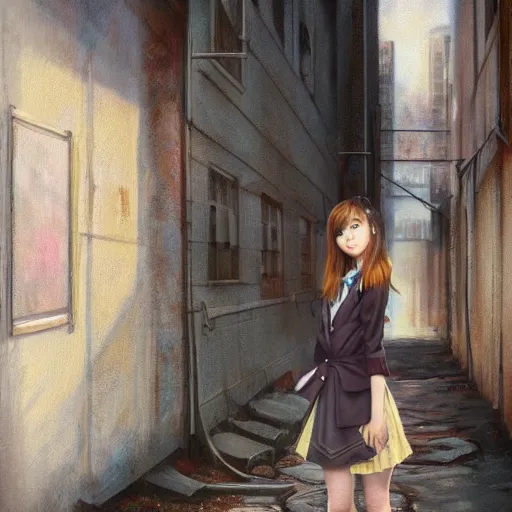 Image similar to a perfect, beutiful, realistic professional oil painting of a Japanese schoolgirl posing in a dystopian alleyway, style of Marvel, full length, by a professional American senior artist on ArtStation, a high-quality hollywood-style concept