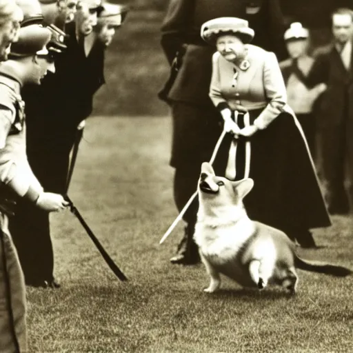 Prompt: historical photo of queen elizabeth and her corgis defeating hitler in hand to hand combat, natural sunlight, sharp focus, highly detailed, depth of field