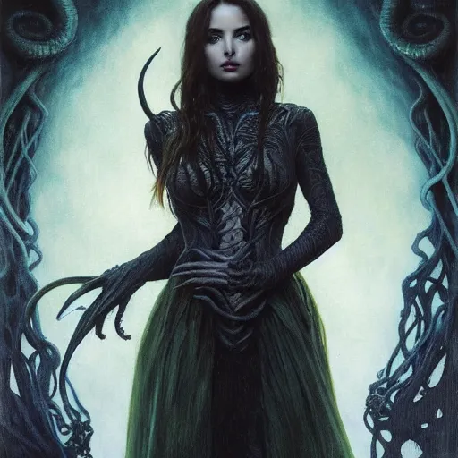 Prompt: half length portrait of ana de armas as a warlock using cthulhu eldritch magic, d & d, medieval, fantasy, giger, royo, klimt, miro, vallejo, frazetta, alphonse mucha, greg rutkowski, whealan