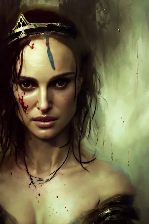 Image similar to natalie portman, warrior, lord of the rings, tattoos, decorated ornaments, by carl spitzweg, ismail inceoglu, vdragan bibin, hans thoma, greg rutkowski, alexandros pyromallis, perfect face, fine details, realistic shadeing