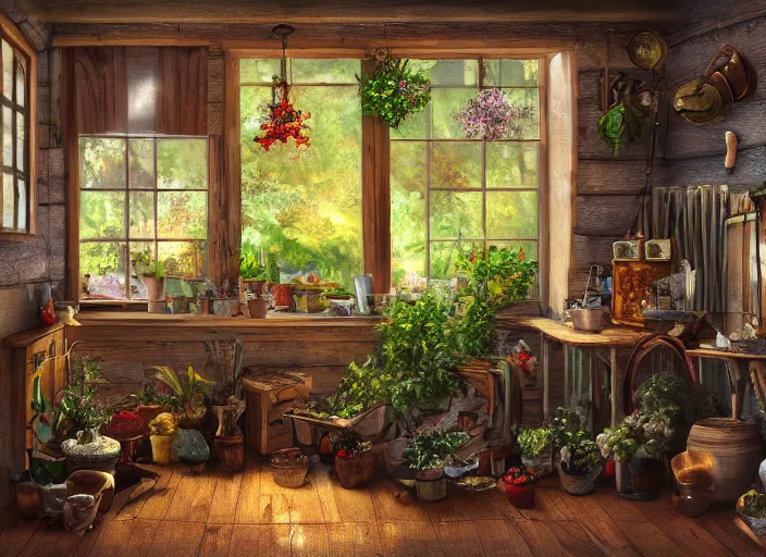 Prompt: rustic oil painting, interior view of a cluttered herbalist cottage, waxy candles, wood furnishings, herbs hanging, light bloom, dust, ambient occlusion, rays of light coming through windows, oil painting