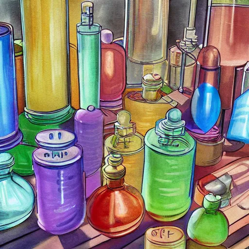 Image similar to detailed painting of an alchemist lab, large tubes, colorful liquid