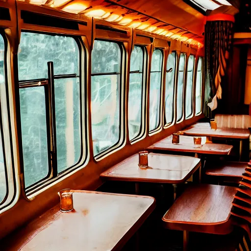 Image similar to photograph of cozy private diner train car, plush chairs, god rays through windows, rich wooden table, potted plants, warm light, wide angle