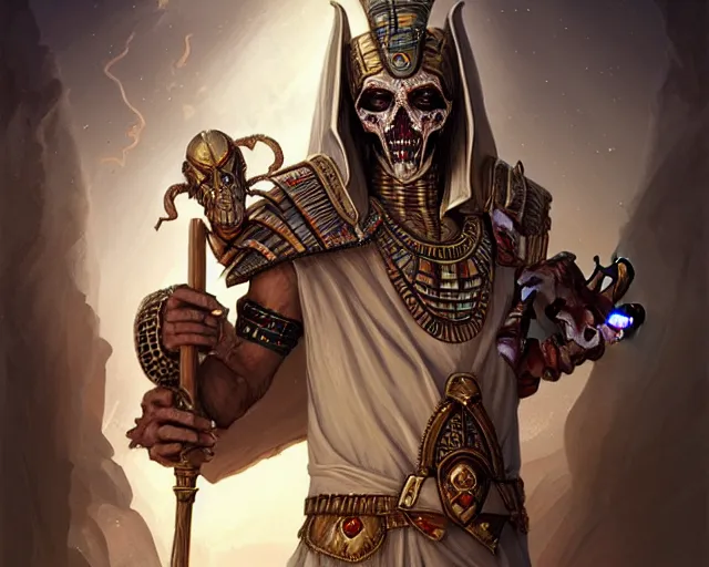 Image similar to an undead desert lich pharaoh, holding a goat head staff, egyptian, beetle, deep focus, d & d, fantasy, intricate, elegant, highly detailed, digital painting, artstation, concept art, matte, sharp, illustration, hearthstone, art by artgerm and greg rutkowski and alphonse mucha