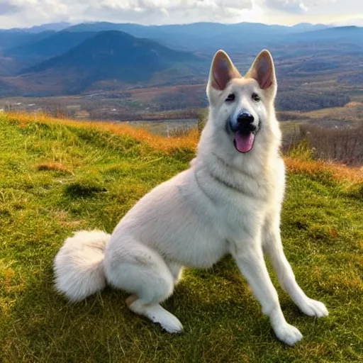 Prompt: a white german shepherd on a mountain top