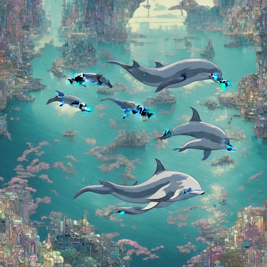Image similar to a beautiful hyperdetailed character design 4 k wallpaper illustration of a cute dolphin, city by the sea, victo ngai cyberpunk style, from china, style of studio ghibli, makoto shinkai, raphael lacoste, louis comfort tiffany, artgerm, james jean, ross tran, chinese style