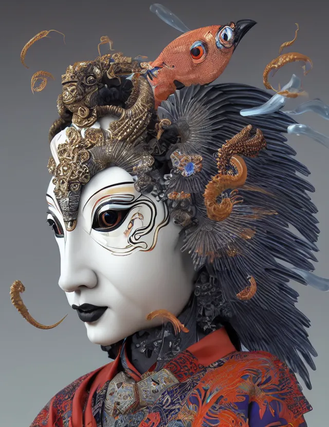 Image similar to 3 d goddess close - up profile portrait russian with ram skull. beautiful intricately detailed japanese crow kitsune mask and clasical japanese kimono. betta fish, jellyfish phoenix, bio luminescent, plasma, ice, water, wind, creature, artwork by tooth wu and wlop and beeple and greg rutkowski