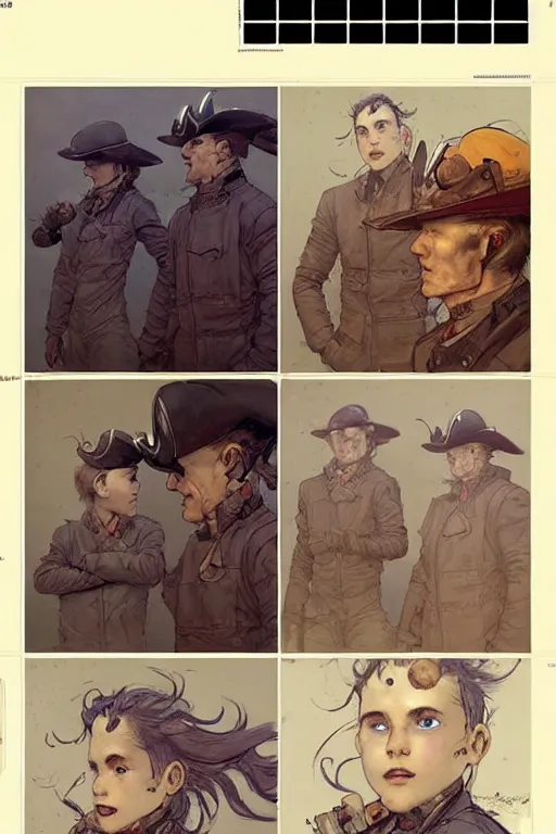 Prompt: comic page layout ( ( ( ( ( 2 0 5 0 s retro future 1 0 year boy old super scientest in space pirate mechanics costume full portrait. muted colors. ) ) ) ) ) by jean - baptiste monge!!!!!!!!!!!!!!!!!!!!!!!!!!!!!!