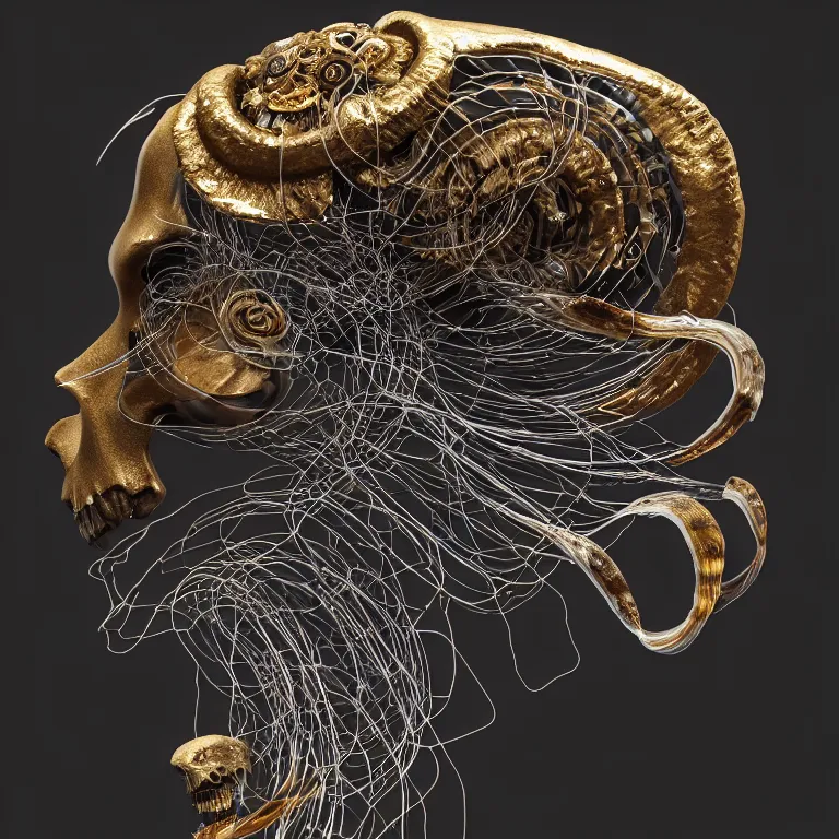 Image similar to black background. absolutely symmetrical sculpture. centered. goddess princess face close-up portrait ram skull. sculpture made of gold and black charcoal. jellyfish phoenix head, nautilus, orchid, skull, betta fish, bioluminiscent creatures, intricate artwork by Tooth Wu and wlop and beeple. octane render, trending on artstation, greg rutkowski very coherent symmetrical artwork. cinematic, hyper realism, high detail, octane render, 8k