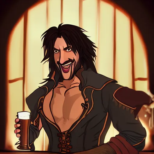 Image similar to Trevor Belmont from Castlevania, enjoying a pint of ale at a tavern, digital art, HDR, happily smiling at the camera, holding the pint of ale, sitting at the bar, warm lantern lighting.