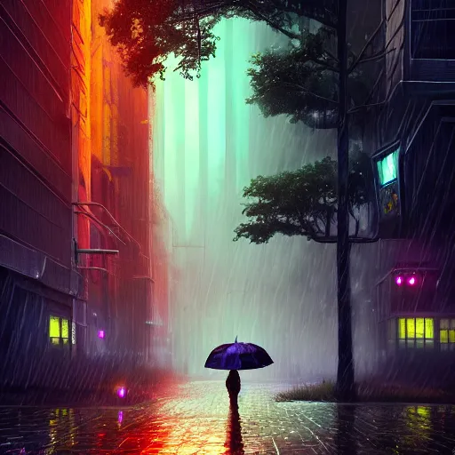 Image similar to A tree under the rain at midnight in a cyberpunk city, fantasy, medieval, vivid colrs, elegant, concept art, sharp focus, digital art, Hyper-realistic, 4K, Unreal Engine, Highly Detailed, HD, Dramatic Lighting by Brom, trending on Artstation