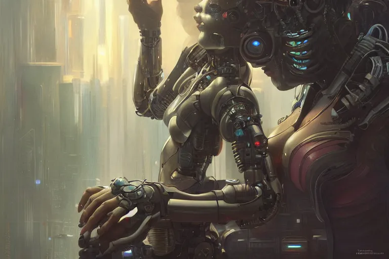 Image similar to Ultra realistic illustration, woman hugging a robot cyberpunk, sci-fi, fantasy, intricate, elegant, highly detailed, digital painting, artstation, concept art, smooth, sharp focus, illustration, art by artgerm and greg rutkowski and alphonse mucha