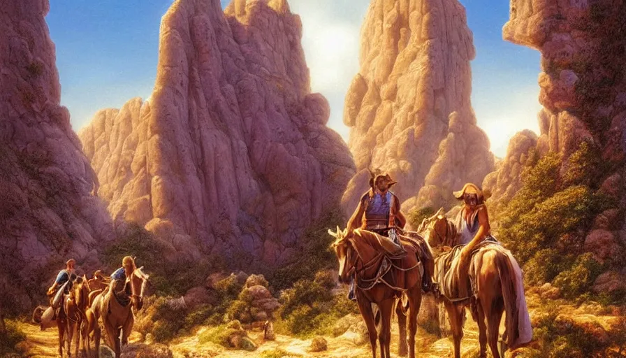 Prompt: weary travellers on horseback through a mountain path surrounded by giant statues of greek gods, soft lighting, pastel colors, ultra high detail, oil on canvas, HD, by Gilbert Williams, by Jeffrey Smith, by John Howe, by Michael Whelan