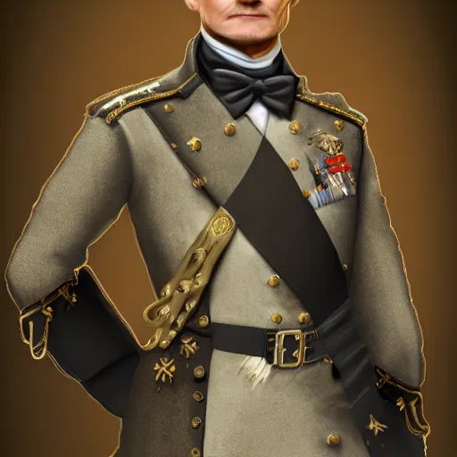 Image similar to full body portrait of Barney Stinson dressed as a prussian general, digital art, highly detailed, award winning, concept art, intricate, sharp focus, masterpiece, Trending on Artstation HQ, unreal engine 5, 4K UHD image