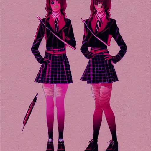 Prompt: a perfect, realistic professional digital sketch of two synthwave Japanese schoolgirls posing, in style of Marvel, full length, by pen and watercolor, by a professional American senior artist on ArtStation, a high-quality hollywood-style sketch, on high-quality paper