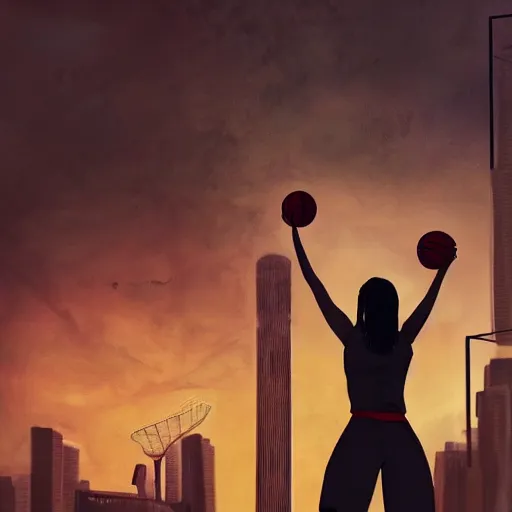 Prompt: tall woman playing basketball, city in background, moody atmosphere, digital art, highly detailed, high contrast, beautiful lighting, award winning, trending on art station, photorealistic, 8 k,