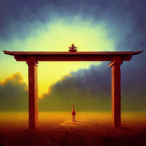 Prompt: A beautiful painting of A Torii over a plain,sunset,dim by Zdzisław Beksiński and Ilya Repin,In style of Post-Apocalyptic.digital art, illustration,hyper detailed,smooth, sharp focus,trending on artstation,oil on the canvas,4k