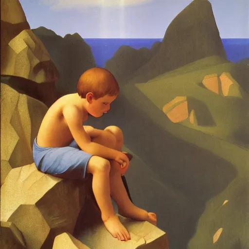 Prompt: a boy's first memory of mountain climbing by Raphael, Hopper, and Rene Magritte. detailed, romantic, enchanting, trending on artstation.