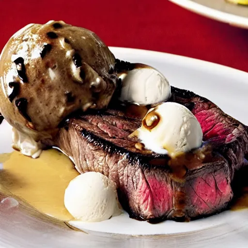 Image similar to steak topped with ice cream, cookbook photo