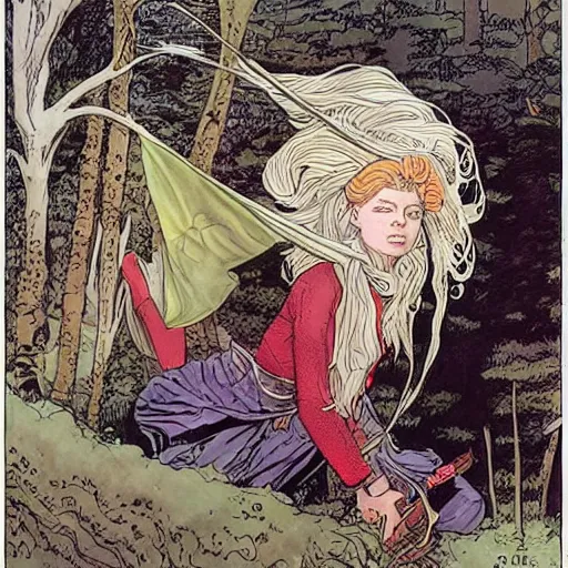 Image similar to a beautiful portrait of sanna!!!!! marin!!!!!, the young female prime minister of finland as a druidic wizard by rebecca guay, michael kaluta, charles vess and jean moebius giraud