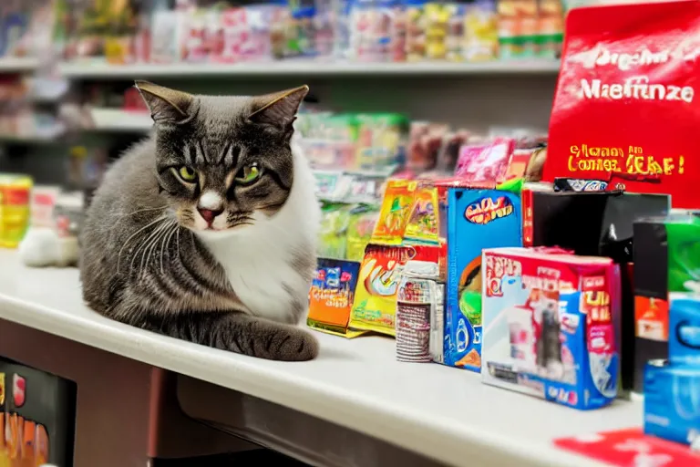 Prompt: cat on the counter in 7 - eleven next to a pack of cigarettes wide angle lens