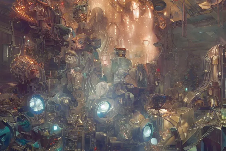 Image similar to sparkly machines listen symbolically in the tar house, by artgerm and Craig Mullins, James Jean, Andrey Ryabovichev, Mark Simonetti and Peter Morbacher 16k