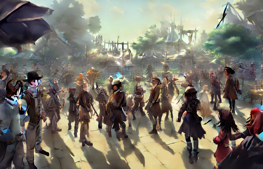 Image similar to greg manchess concept art of the millennial fair from chrono trigger, outdoor fairgrounds, striped pavillions, leene's bell, key visual, ambient lighting, highly detailed, digital painting, artstation, concept art, sharp focus, by makoto shinkai and akihiko yoshida and hidari and wlop and greg rutkowski