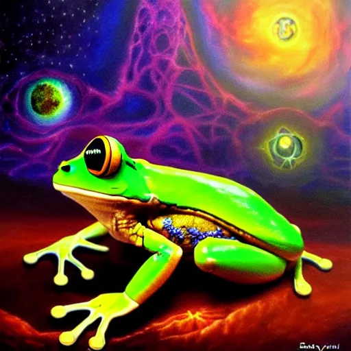 Image similar to the cyborg frog in the astral realm sacred journey in oil painting, trending on artstation, award winning, emotional, highly detailed surrealist art