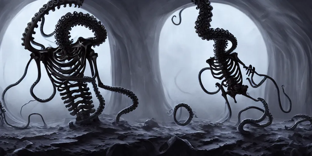 Image similar to a human skeleton slowly transforming into a tentacle monster, matte oil painting, concept art, dnd, clear, crisp, sharp, bones, eldritch, award - winning, extremely detailed, 4 k, 8 k