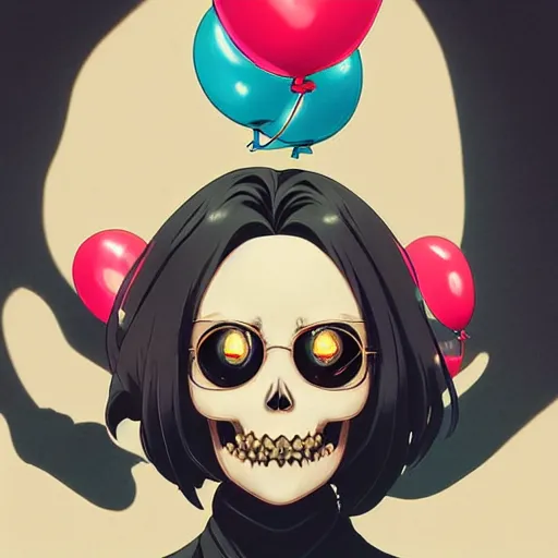 Image similar to anime skull portrait woman balloons, the simpsons, elegant, highly detailed, hard shadows and strong rim light, art by jc leyendecker and atey ghailan and sachin teng