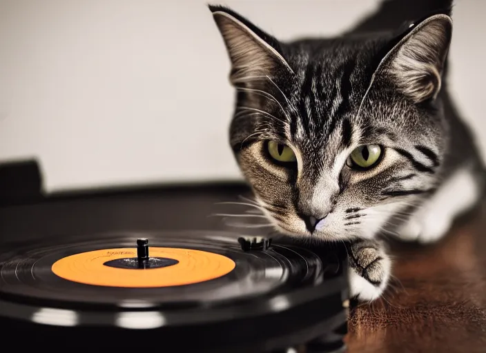 Image similar to photography of a Cat sitting on a record player. in a room full of posters, photorealistic, raining award winning photo, 100mm, sharp, high res